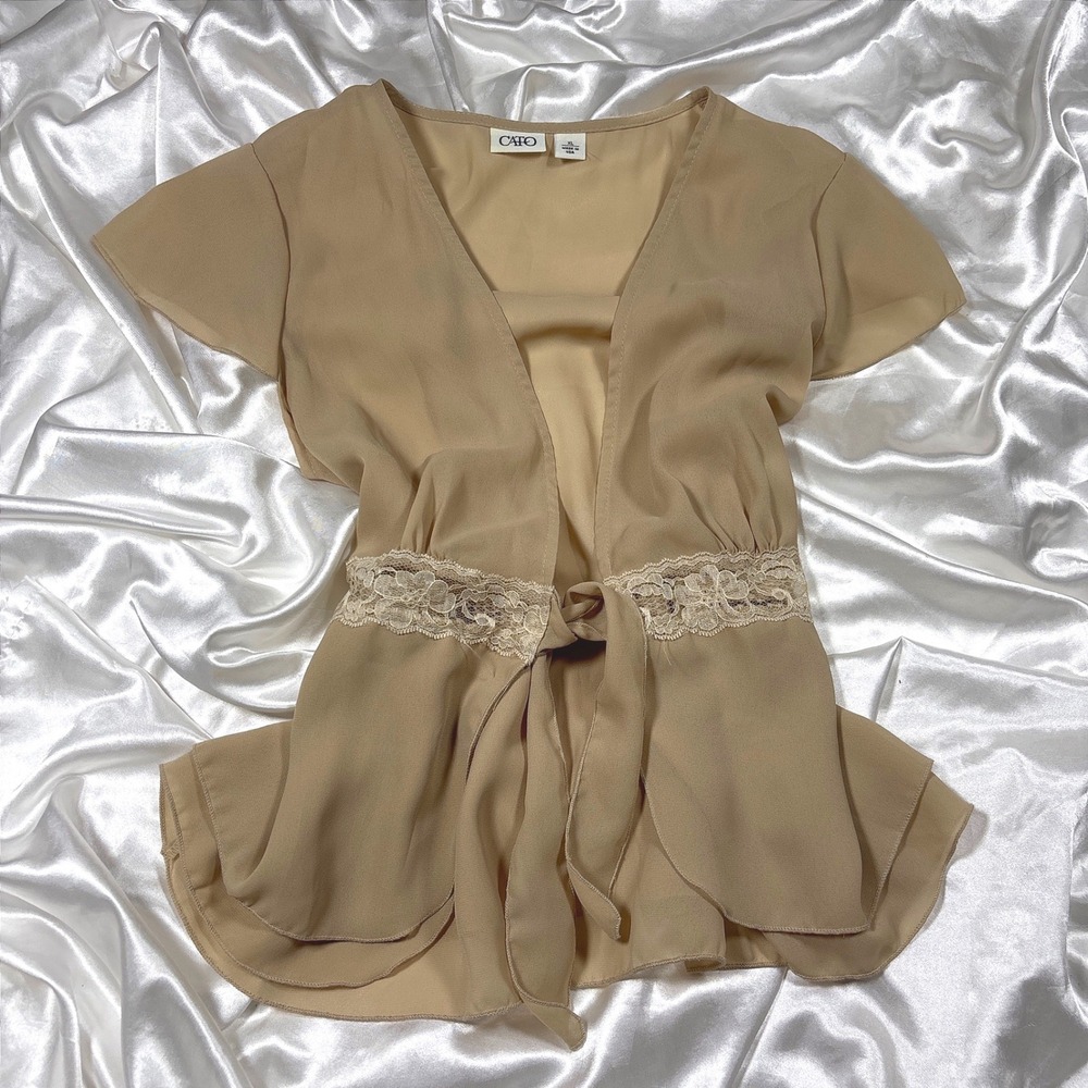 y2k Cato Wrap Blouse Tan Excellent Lace Waist Tie Front Ruffle Hem Top
